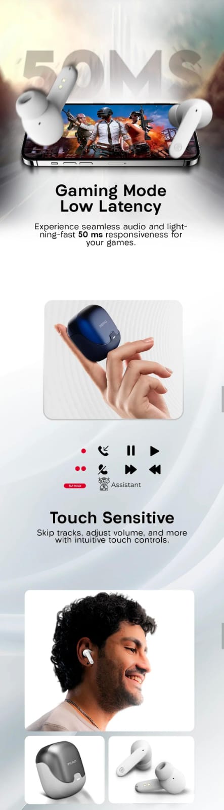 Zero ZBUDS Wave Wireless Earbuds | Bluetooth 5.3 | Quad Mic ENC | 60H Playtime | IPX5 Waterproof