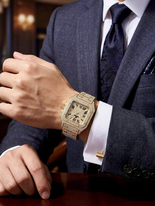All Gold Square Tank Iced Out Watch