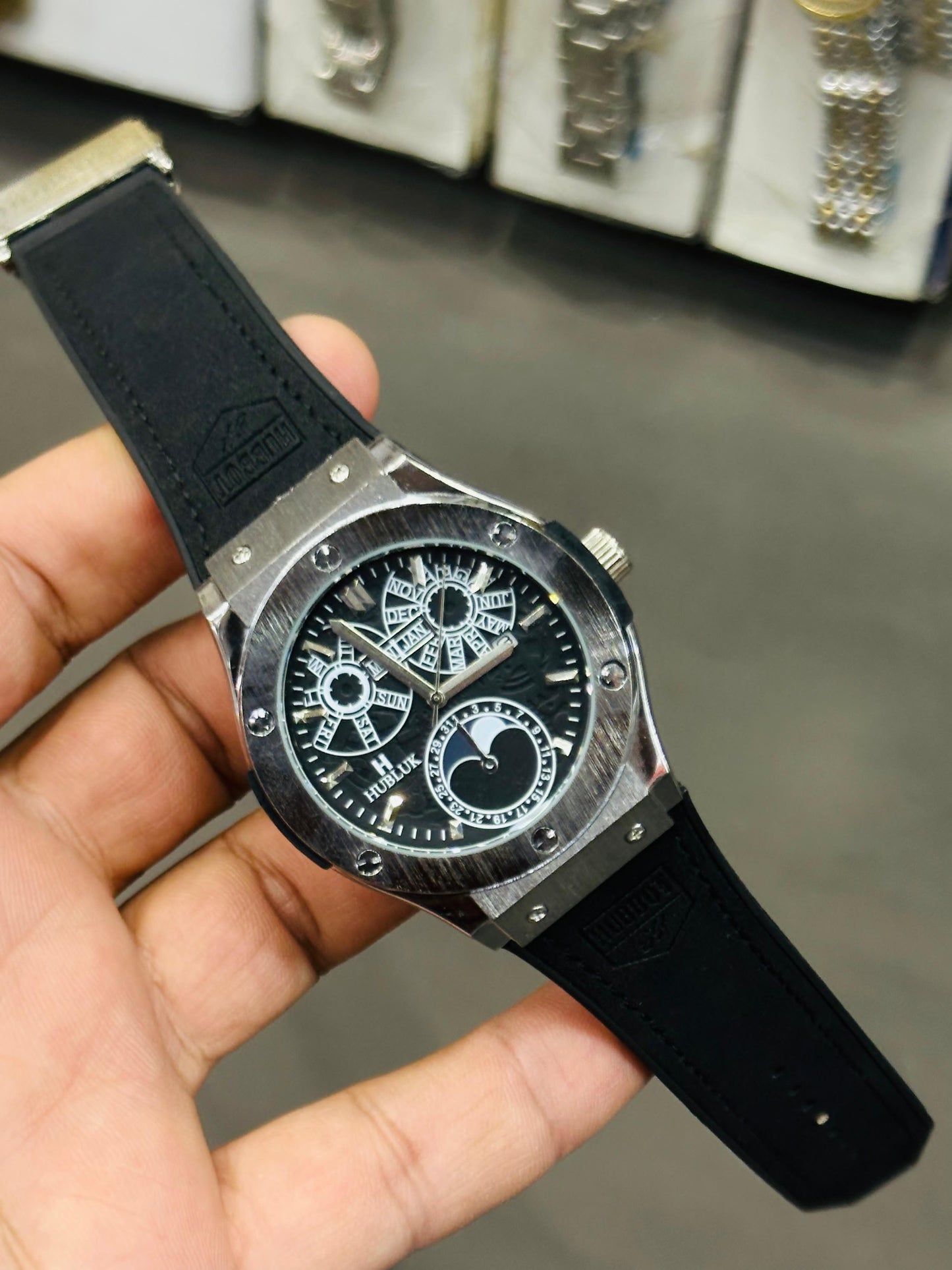 Hublot Classic Fusion Aerofusion MoonPhase Black Strap Silver Bezel Black Dial