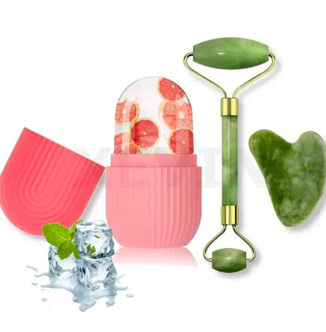 Face Stone Jade Roller Massager with Gua Sha Stone And Ice Roller Multicolour Set Faceck Body Ice Cubial Roller 100% Natural Stone Jade Roller For Skin Eye Ne
