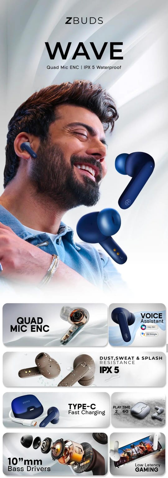 Zero ZBUDS Wave Wireless Earbuds | Bluetooth 5.3 | Quad Mic ENC | 60H Playtime | IPX5 Waterproof