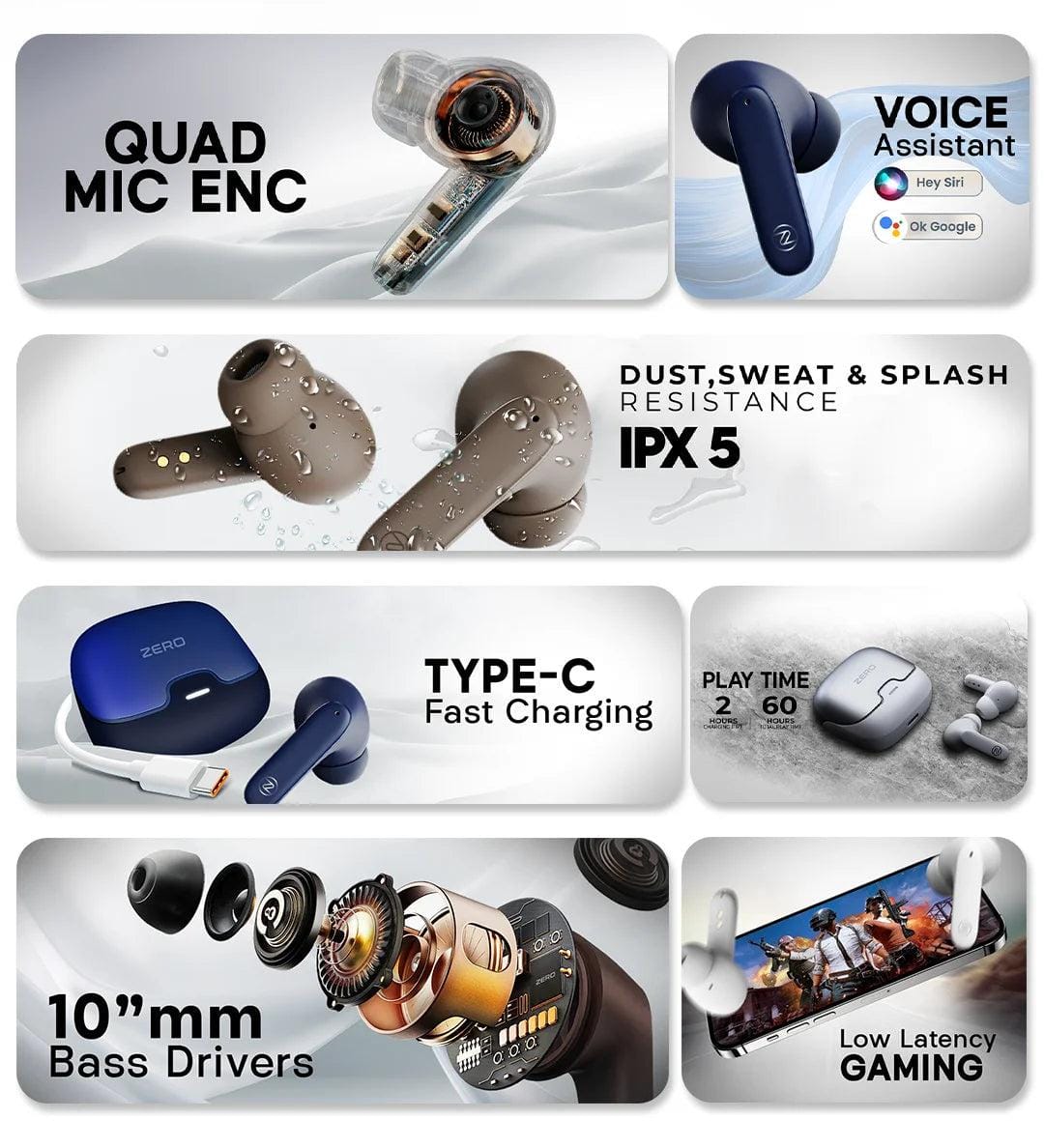 Zero ZBUDS Wave Wireless Earbuds | Bluetooth 5.3 | Quad Mic ENC | 60H Playtime | IPX5 Waterproof