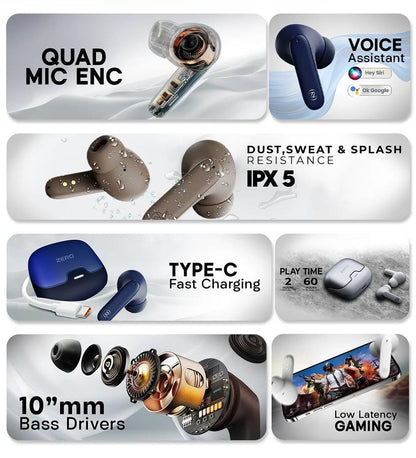 Zero ZBUDS Wave Wireless Earbuds | Bluetooth 5.3 | Quad Mic ENC | 60H Playtime | IPX5 Waterproof