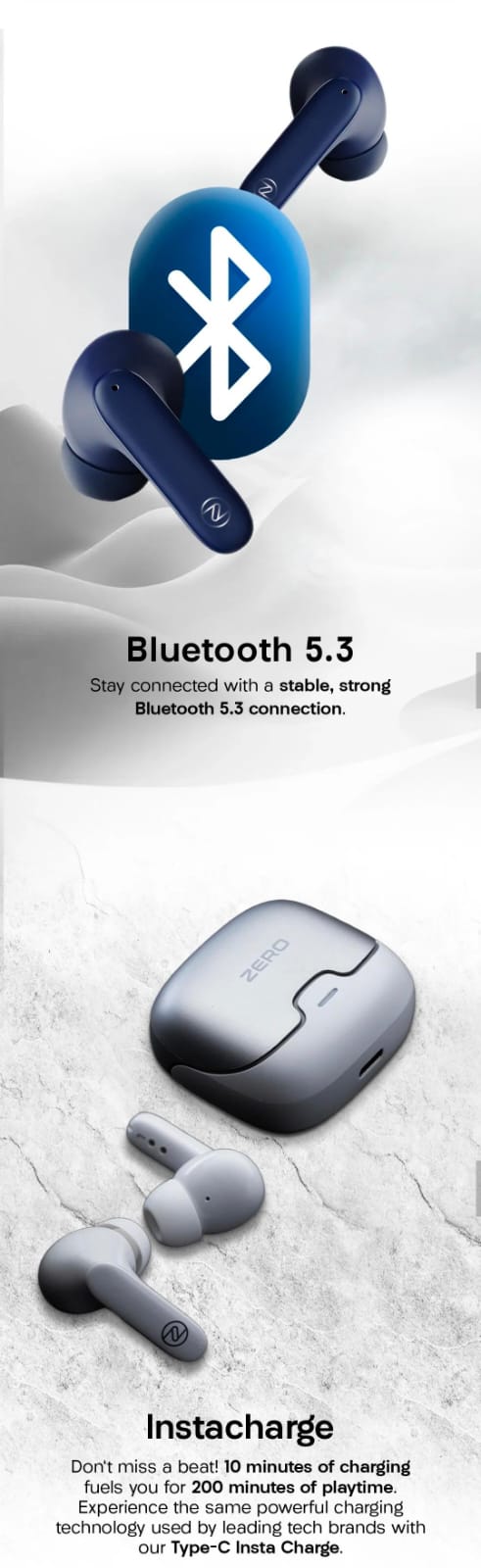 Zero ZBUDS Wave Wireless Earbuds | Bluetooth 5.3 | Quad Mic ENC | 60H Playtime | IPX5 Waterproof