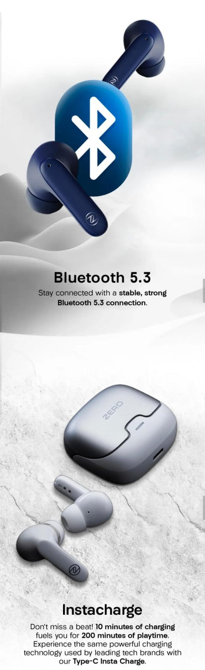 Zero ZBUDS Wave Wireless Earbuds | Bluetooth 5.3 | Quad Mic ENC | 60H Playtime | IPX5 Waterproof