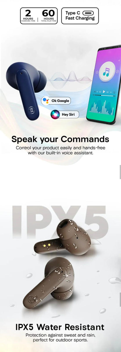 Zero ZBUDS Wave Wireless Earbuds | Bluetooth 5.3 | Quad Mic ENC | 60H Playtime | IPX5 Waterproof